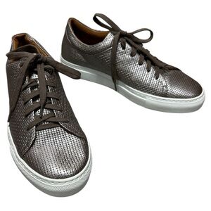 Aquatalia Avery Silver Gunmetal Weatherproof Leather Embossed Metallic Sneaker
